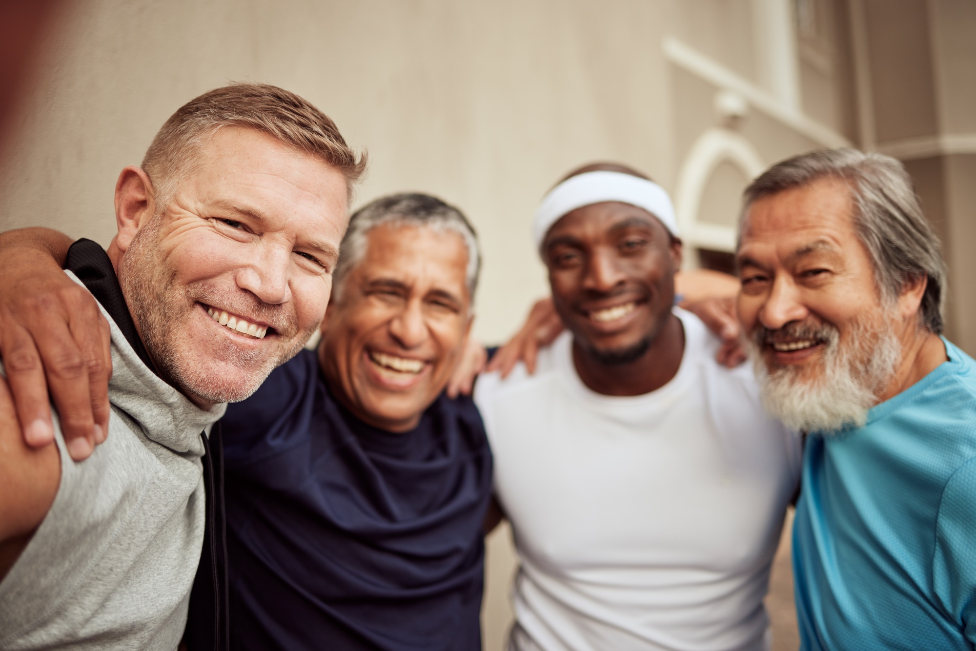 Senior men, fitness and smile portrait outdoor together for exercise motivation, retirement health Senior men, fitness and smile portrait outdoor together for exercise motivation, retirement health